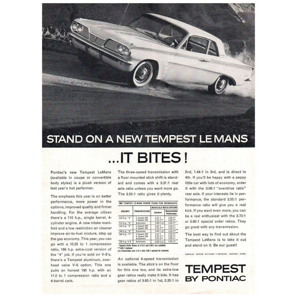 1962 Pontiac Tempest Lemans 2 Door Coupe Vintage Print Ad "It Bites!"